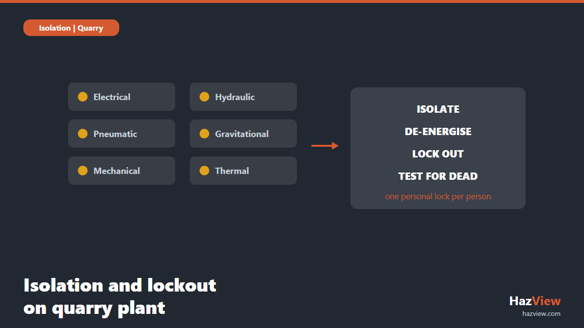 The energy sources on quarry plant and the isolate, de-energise, lock out and test for dead sequence