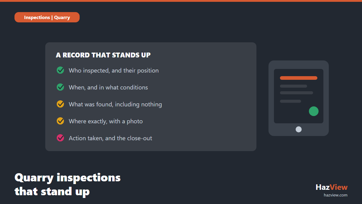 What a quarry inspection record needs to contain to stand up, shown beside a mobile inspection app