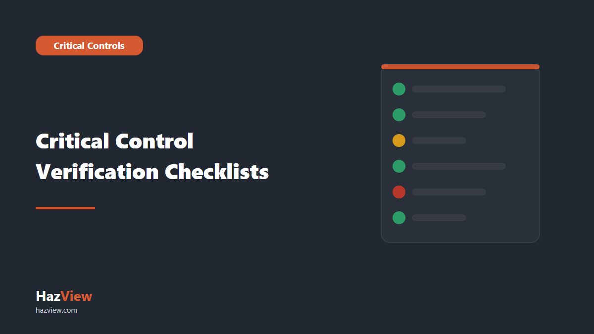 HazView critical control verification checklist guide: title card reading: Critical Control Verification Checklists beside an illustrated checklist with green, amber and red status marks.