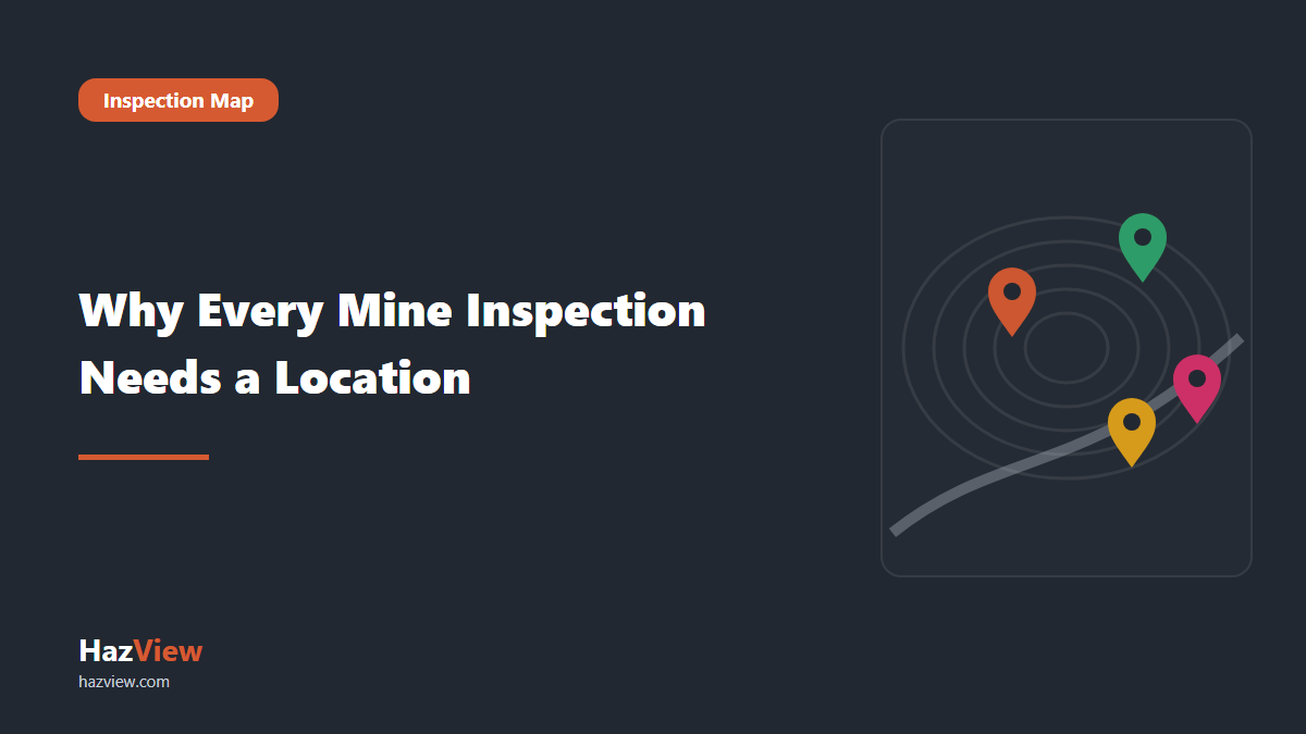 HazView inspection app with map guide: title card reading: Why Every Mine Inspection Needs a Location beside a site map with coloured inspection pins.