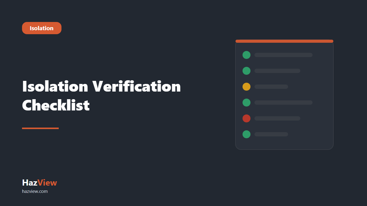 HazView isolation checklist mining guide: title card reading: Isolation Verification Checklist beside an illustrated checklist with green, amber and red status marks.
