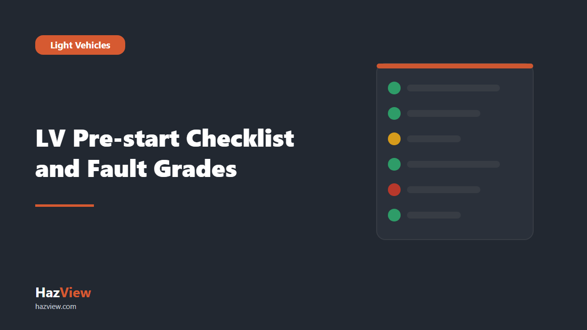 HazView LV pre-start checklist guide: title card reading: LV Pre-start Checklist and Fault Grades beside an illustrated checklist with green, amber and red status marks.
