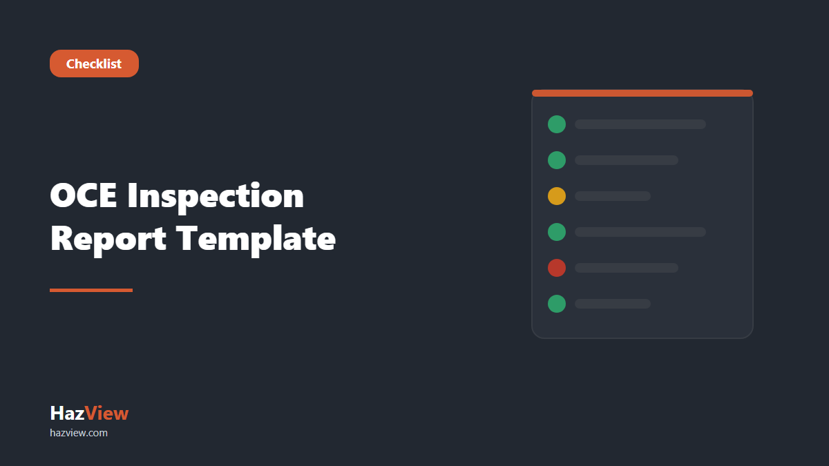 HazView OCE inspection report template guide: title card reading: OCE Inspection Report Template beside an illustrated checklist with green, amber and red status marks.