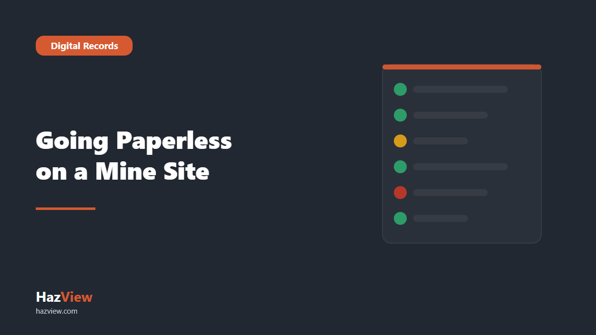 HazView digital inspections mine site guide: title card reading: Going Paperless on a Mine Site beside an illustrated checklist with green, amber and red status marks.