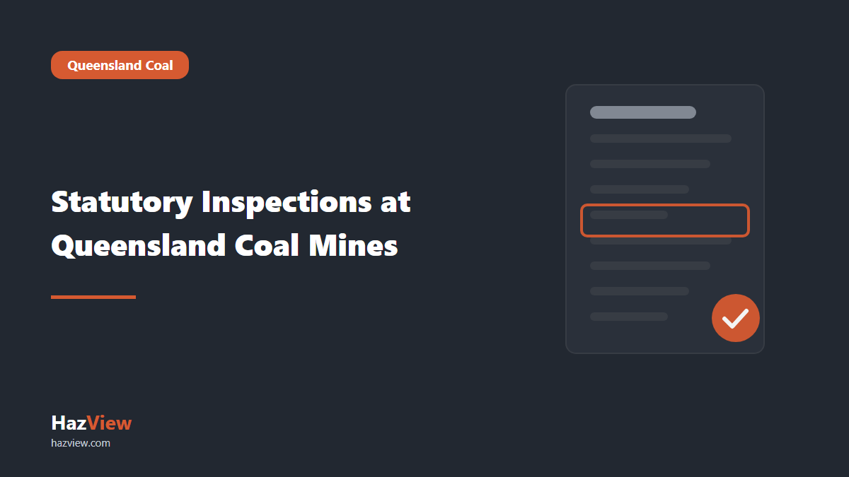HazView statutory inspections Queensland coal mines guide: title card reading: Statutory Inspections at Queensland Coal Mines beside a regulation page with one clause highlighted.