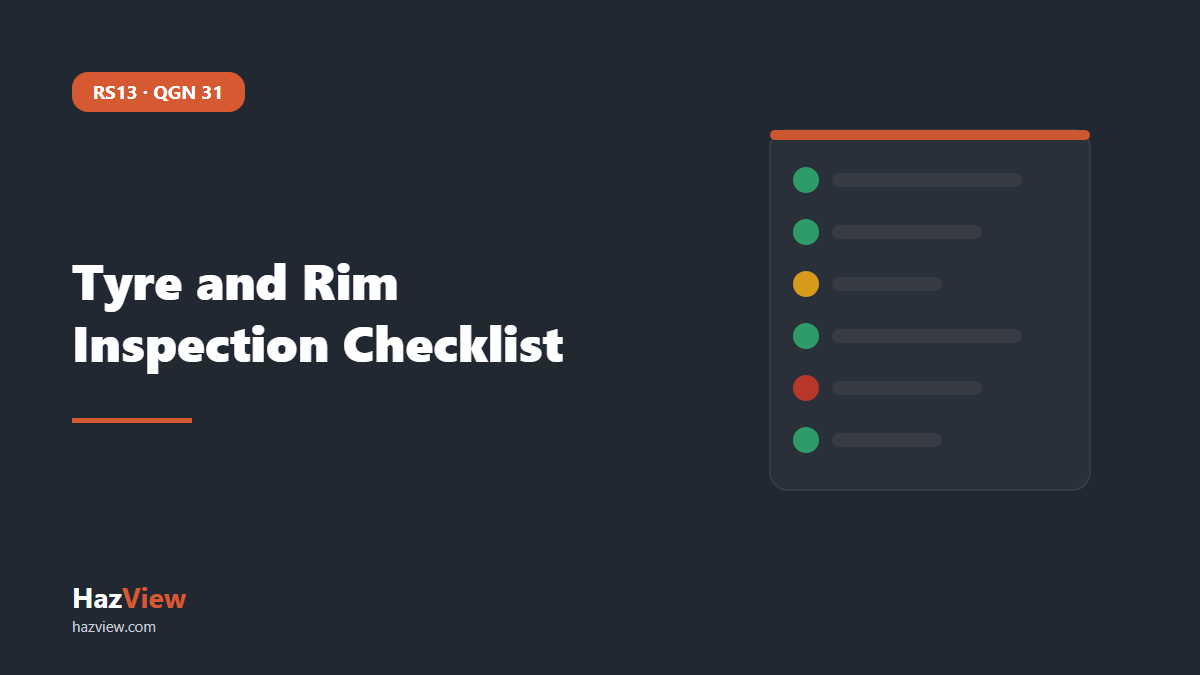 HazView tyre inspection checklist mining guide: title card reading: Tyre and Rim Inspection Checklist beside an illustrated checklist with green, amber and red status marks.
