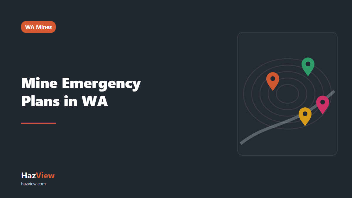 HazView mine emergency plan WA guide: title card reading: Mine Emergency Plans in WA beside a site map with a muster point and a closed area marked.